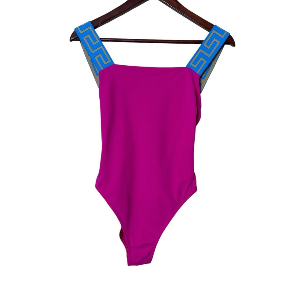 Versace Greca Strap One-Piece Swimsuit Square Neck Cerise & Teal Women's Size 2